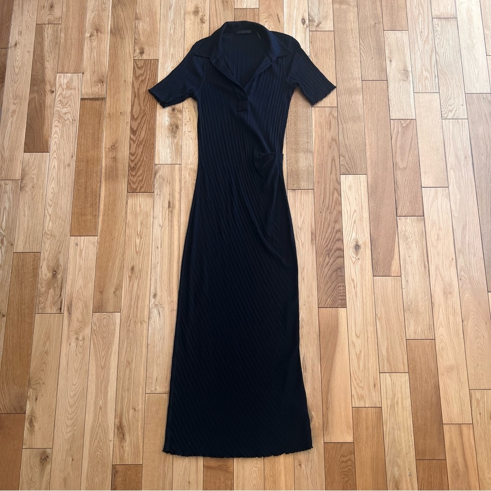 Helmut Lang Womens Black Ribbed Short Sleeve Maxi Dress Ruched Side Cotton M